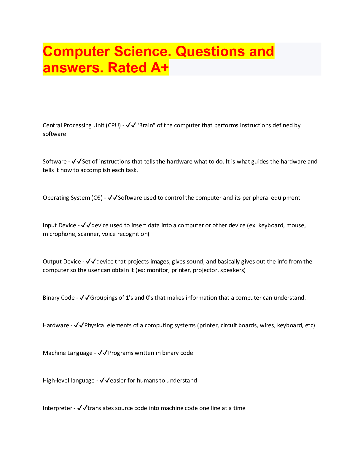 Preview image of Computer Science. Questions and answers. Rated A+ document